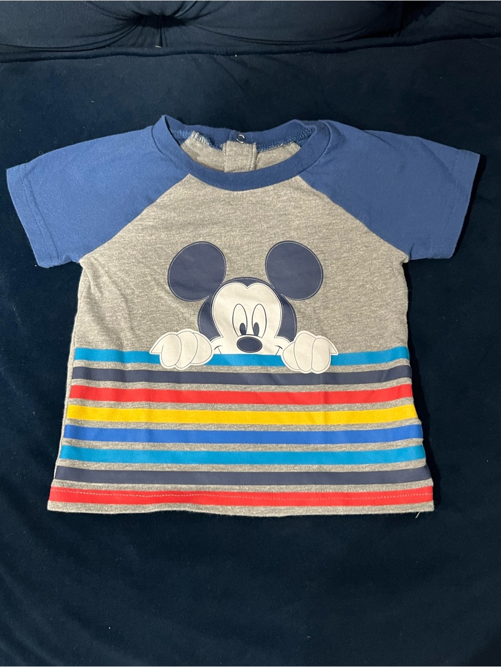 Disney Grey Tee with Blue Sleeves and Colorful Stripes Mickey Graphic
